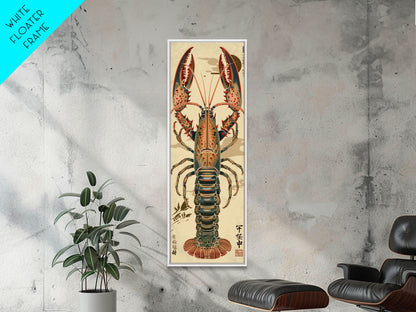 Detailed Lobster Illustration On Beige Background Skinny Art Wood Block Print Japanese Style Art Framed Canvas Print Tall Art Ukiyo-e Art