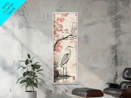 Herons On Autumn Branches Skinny Art Wood Block Print Japanese Style Art Framed Canvas Print Tall Art Ukiyo-e Art