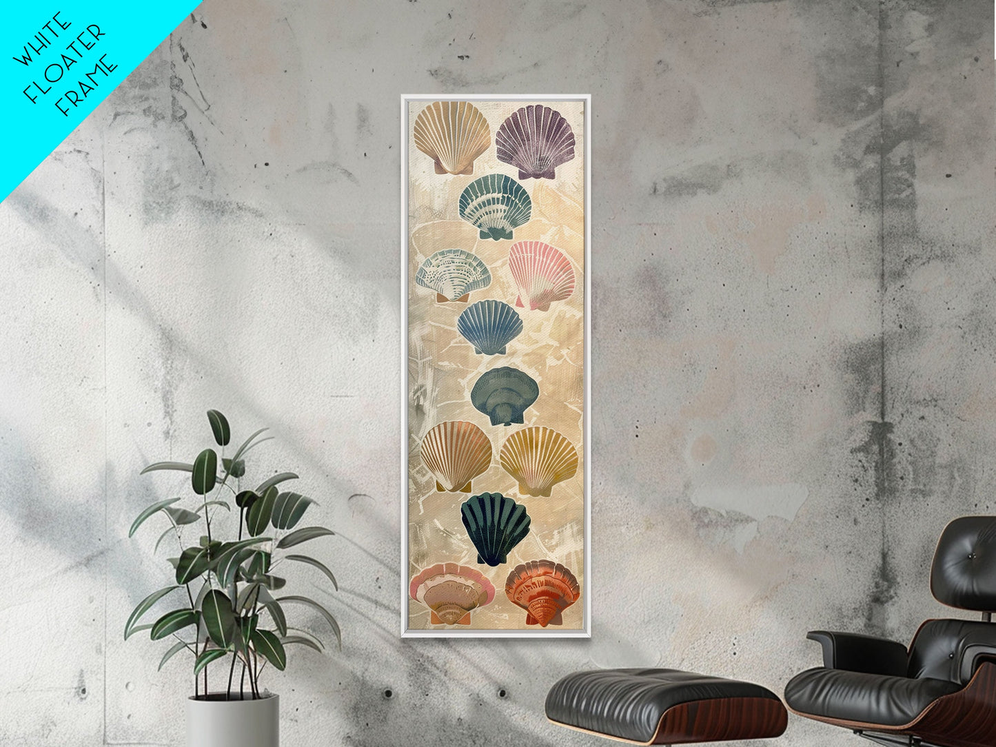 Colorful Shells On Textured Background Skinny Art Wood Block Print Japanese Style Art Framed Canvas Print Tall Art Ukiyo-e Art