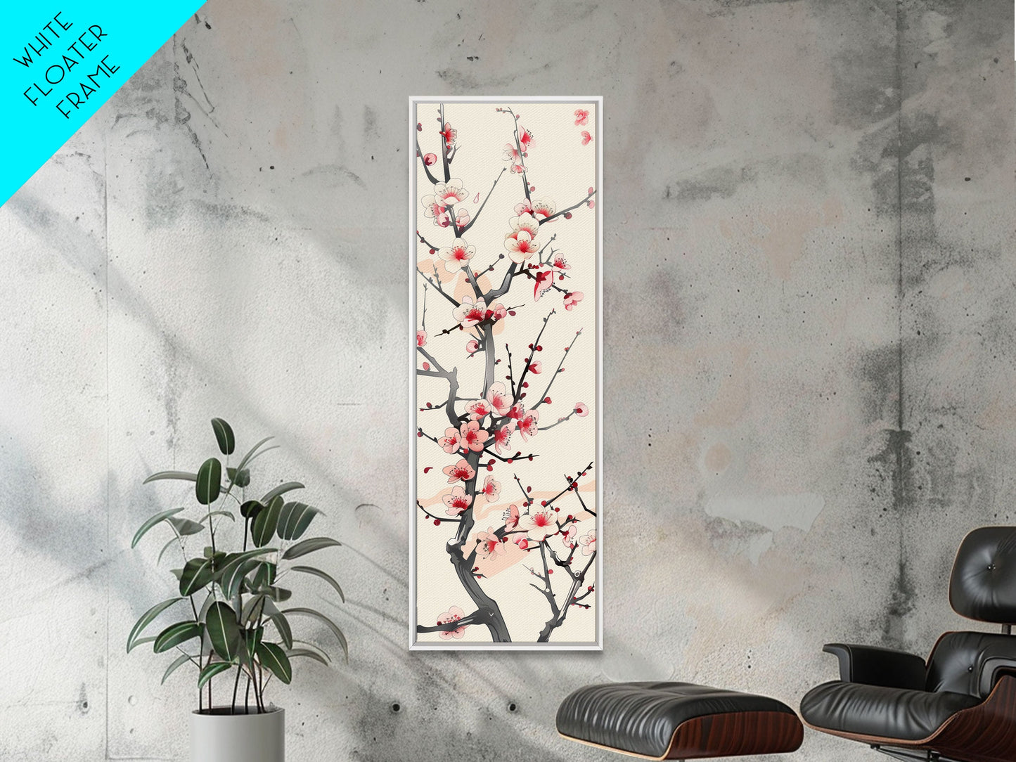 Delicate Plum Blossoms Skinny Art Tall Art Japanese Ukiyo-e Inspired Botanical Framed Canvas Print for Sophisticated Interiors