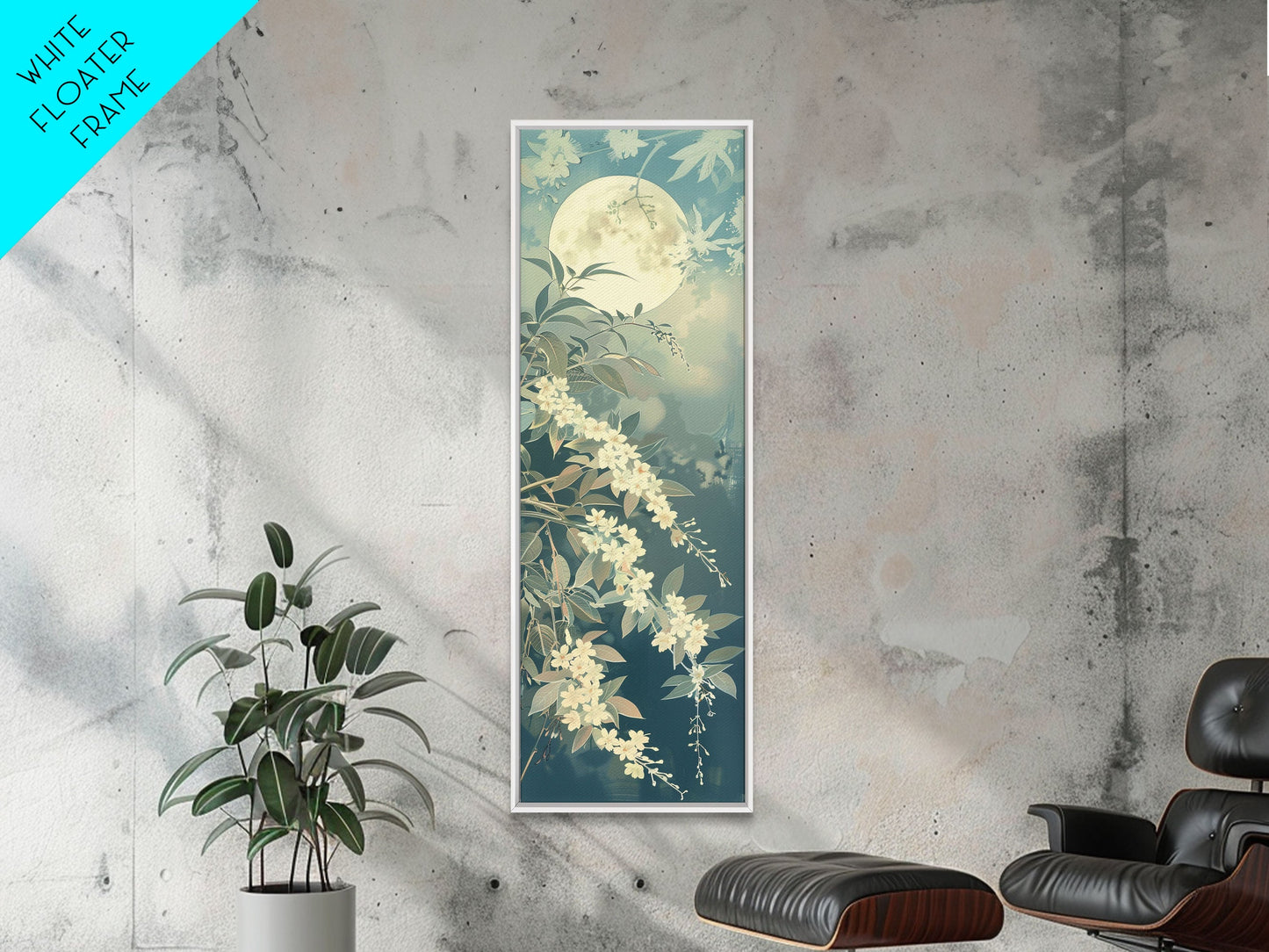 Delicate White Flowers and Full Moon in a Tranquil Night Setting - Skinny Art, Japanese Wall Decor, Framed Canvas Print, Ukiyo-e Style