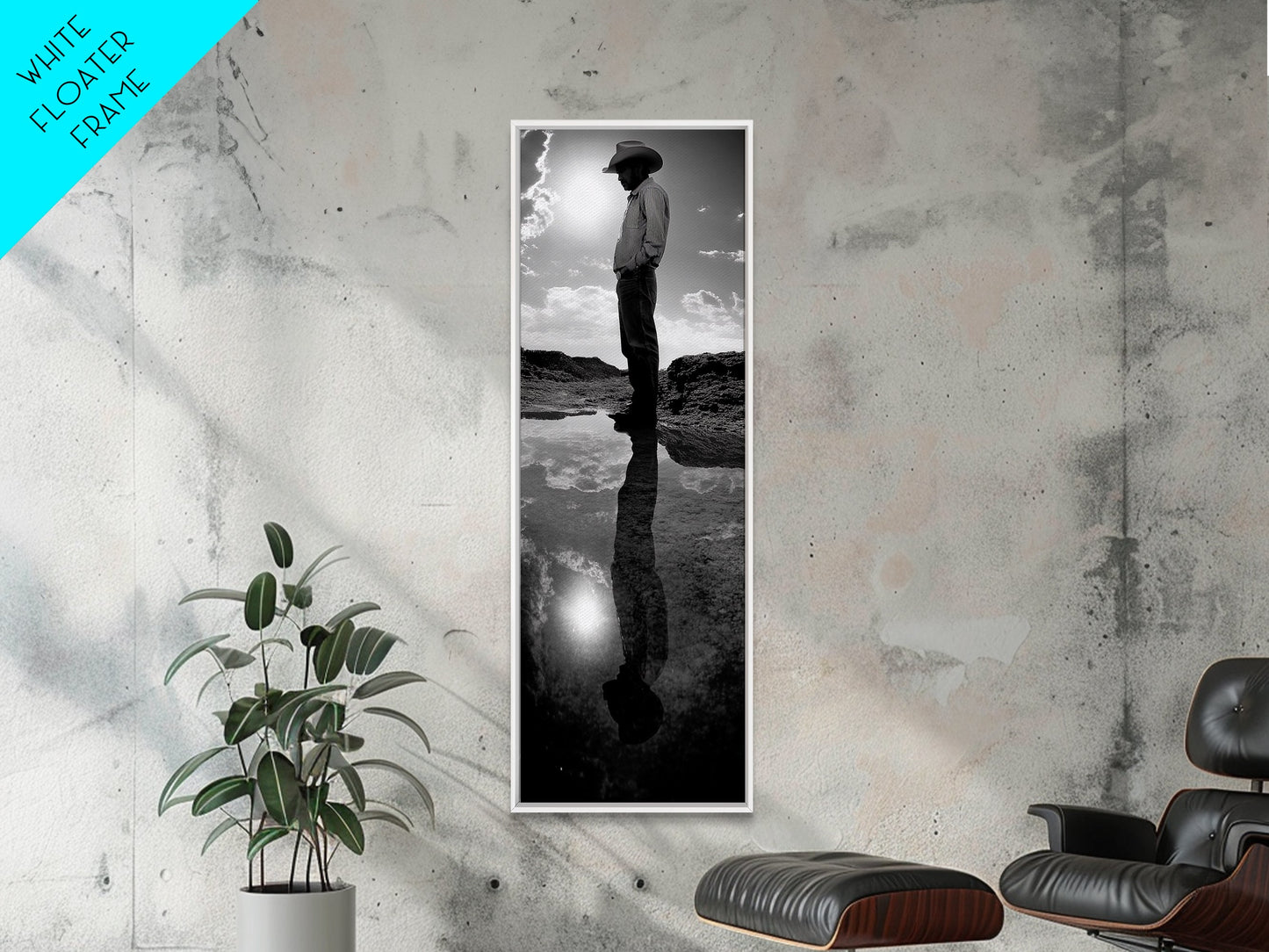 Lone Cowboy, Spiegelungsfotografie, gerahmter Leinwanddruck, rustikale Kunst, stimmungsvolle Wandkunst, extra breites Kunstwerk, Südwest-Wandkunst
