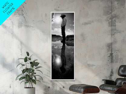 Lone Cowboy, Spiegelungsfotografie, gerahmter Leinwanddruck, rustikale Kunst, stimmungsvolle Wandkunst, extra breites Kunstwerk, Südwest-Wandkunst