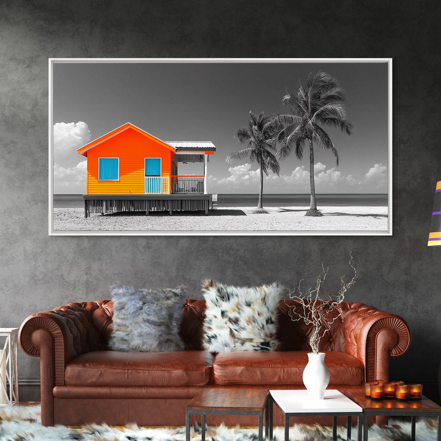 Bright Beach House Framed Canvas Print | Coastal Landscape Art | Nautical Wall Art | Coastal Decor | Extra Wide Art | Tropical Beach Art