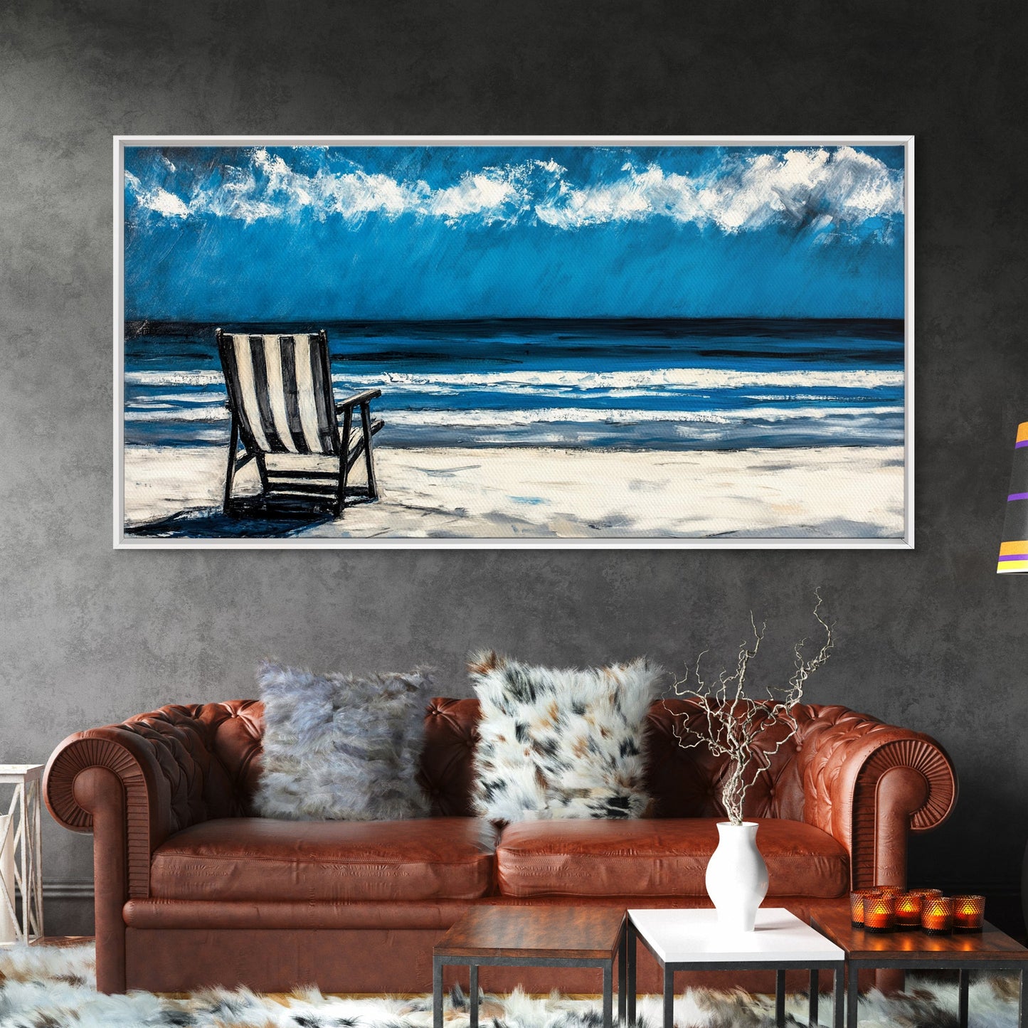 Beach Chair, coastal decor, nautical painting, seascape painting, ocean view, lake Tahoe art, blue and green wall art, Framed Canvas Print, surf