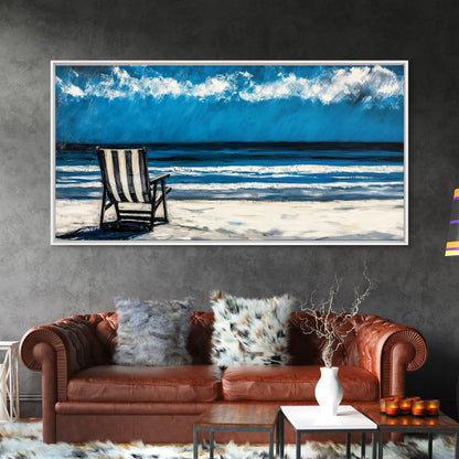 Beach Chair, coastal decor, nautical painting, seascape painting, ocean view, lake Tahoe art, blue and green wall art, Framed Canvas Print, surf