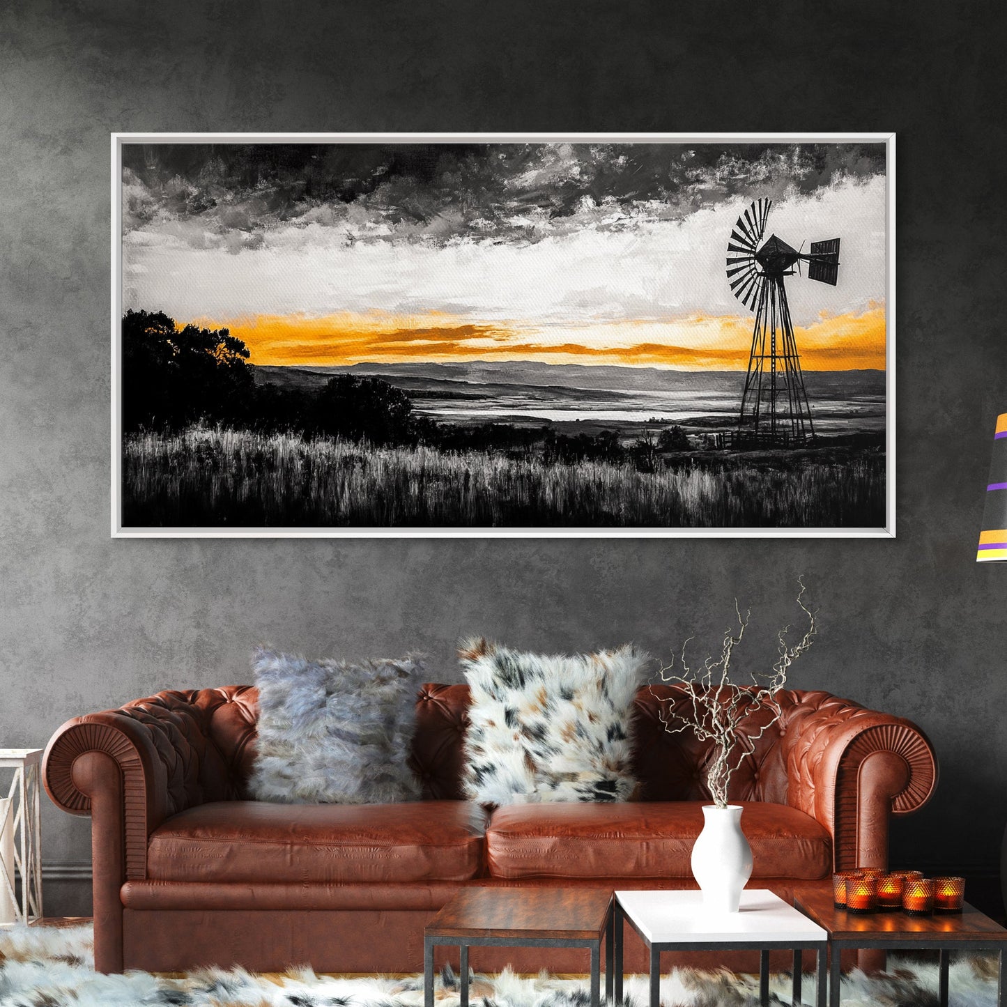 Windmill Sunset, windmill wall art, rustic decor, farmhouse art, landscape painting, extra wide art, framed canvas print, panoramic art