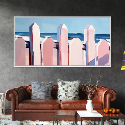 Beach Fence Painting, Coastal Landscape Art, Nautical Wall Decor, Soft Pastel Colors, Framed Canvas Print, Extra Wide Art, Seaside Home