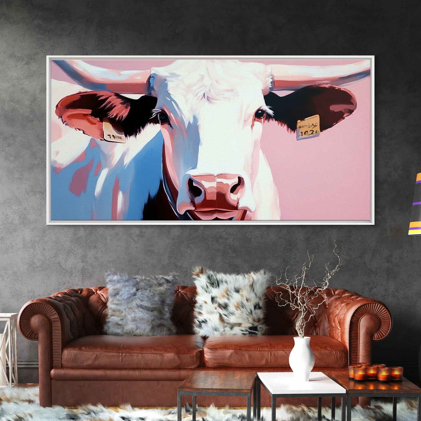 Texas Longhorn, Rustic Wall Art, Bull and Bear Art, Southwest Wall Art, Extra Wide Art, Pink Orange Wall Art, Canvas Print, Farmhouse Art