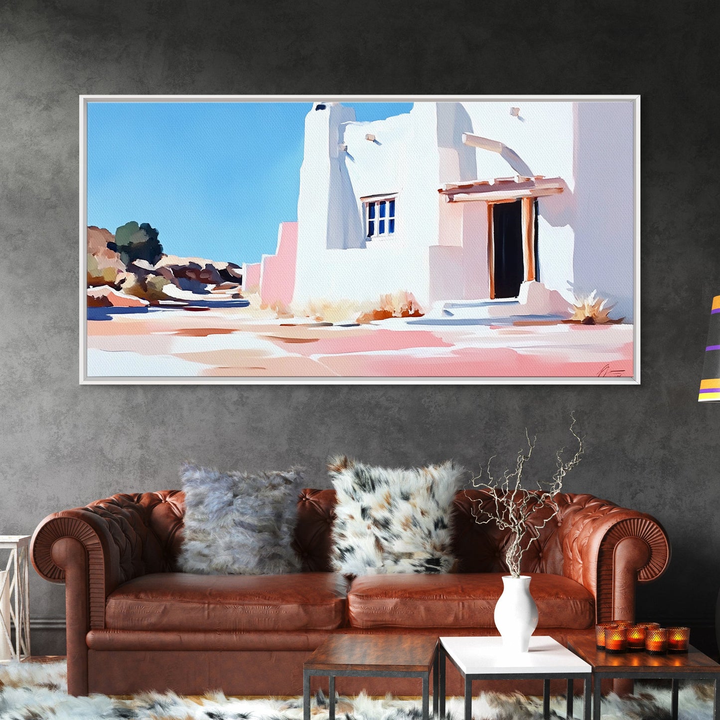 Adobe house, southwest art, rustic decor, framed canvas print, landscape painting, minimalist art, extra wide art, Joshua tree art