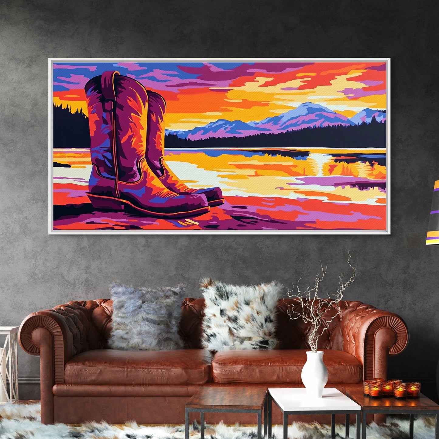 Cowboy boots, lake sunset, mountain painting, rustic western art, farmhouse decor, vibrant colors, extra wide art, canvas print