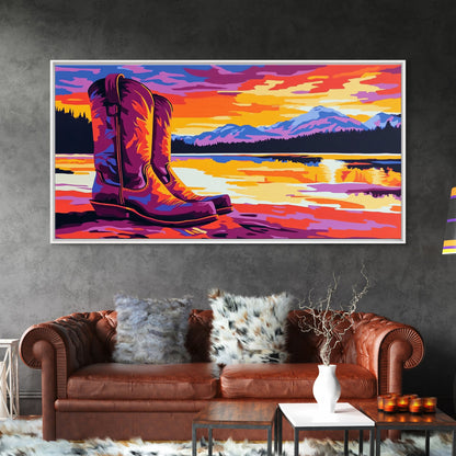 Cowboy boots, lake sunset, mountain painting, rustic western art, farmhouse decor, vibrant colors, extra wide art, canvas print