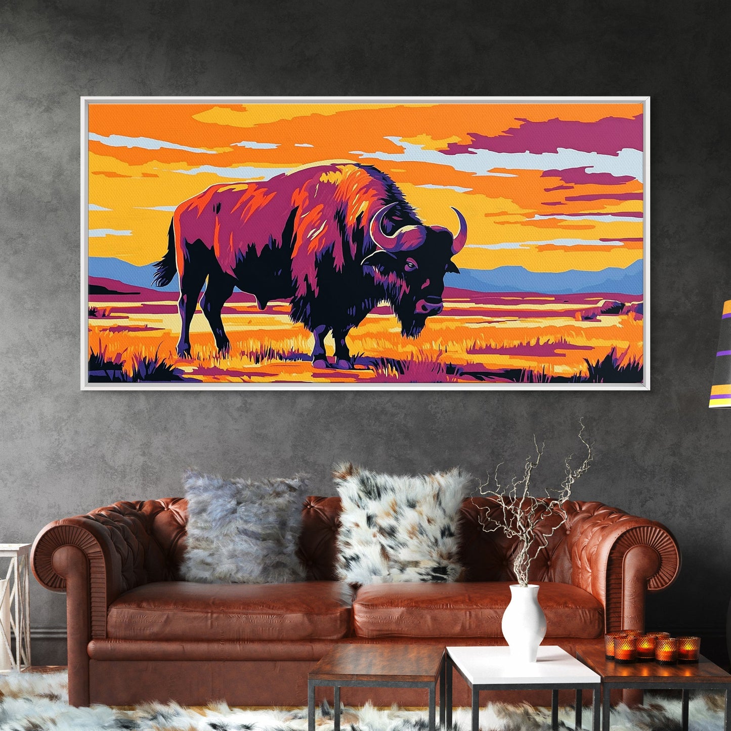 Bison Prairie, rustic art, southwest wall art, landscape painting, extra wide art, panoramic painting, farmhouse art, Framed Canvas Print