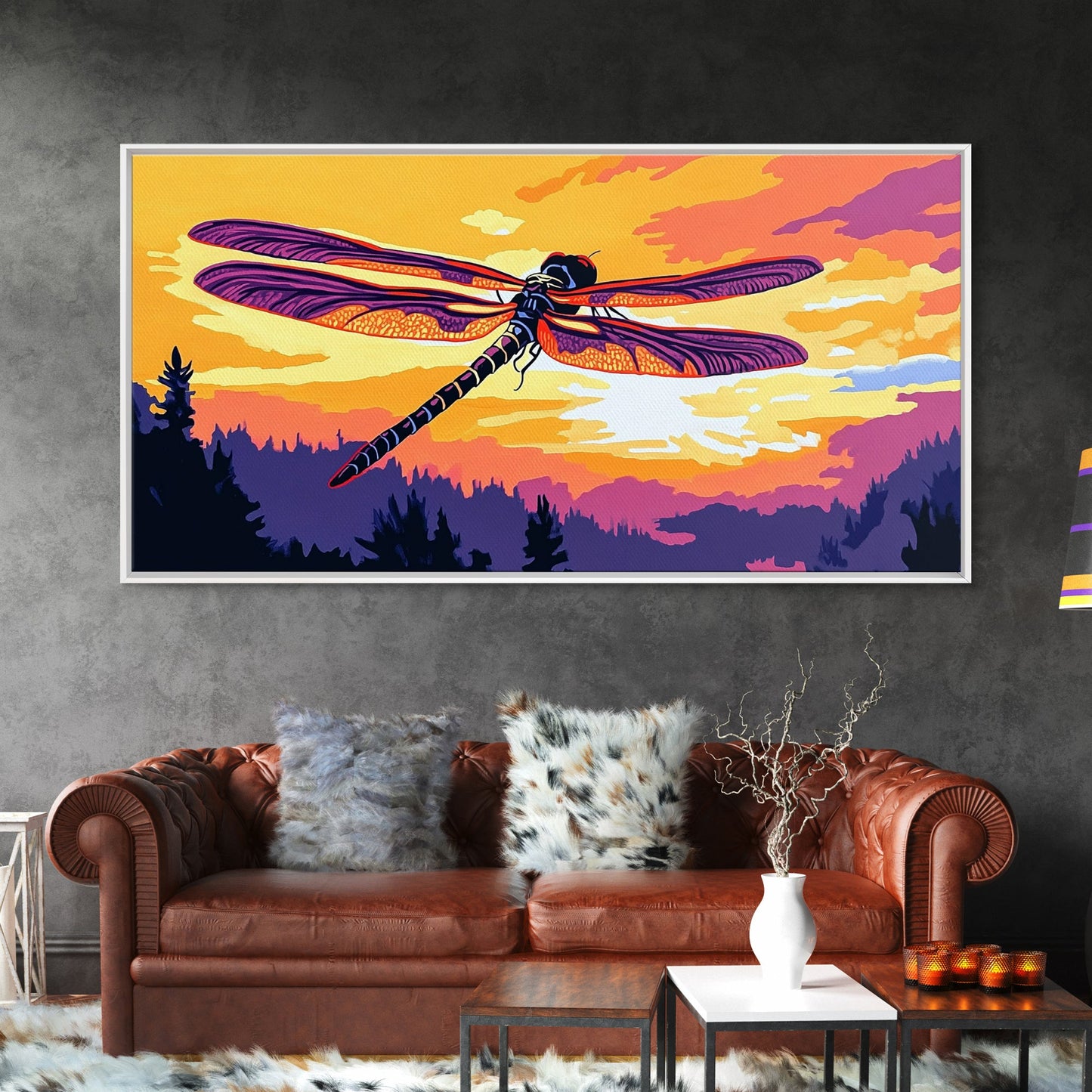 Dragonfly Glow, whimsical art, nature painting, wildflower painting, botanical prints, pink orange wall art, framed canvas print