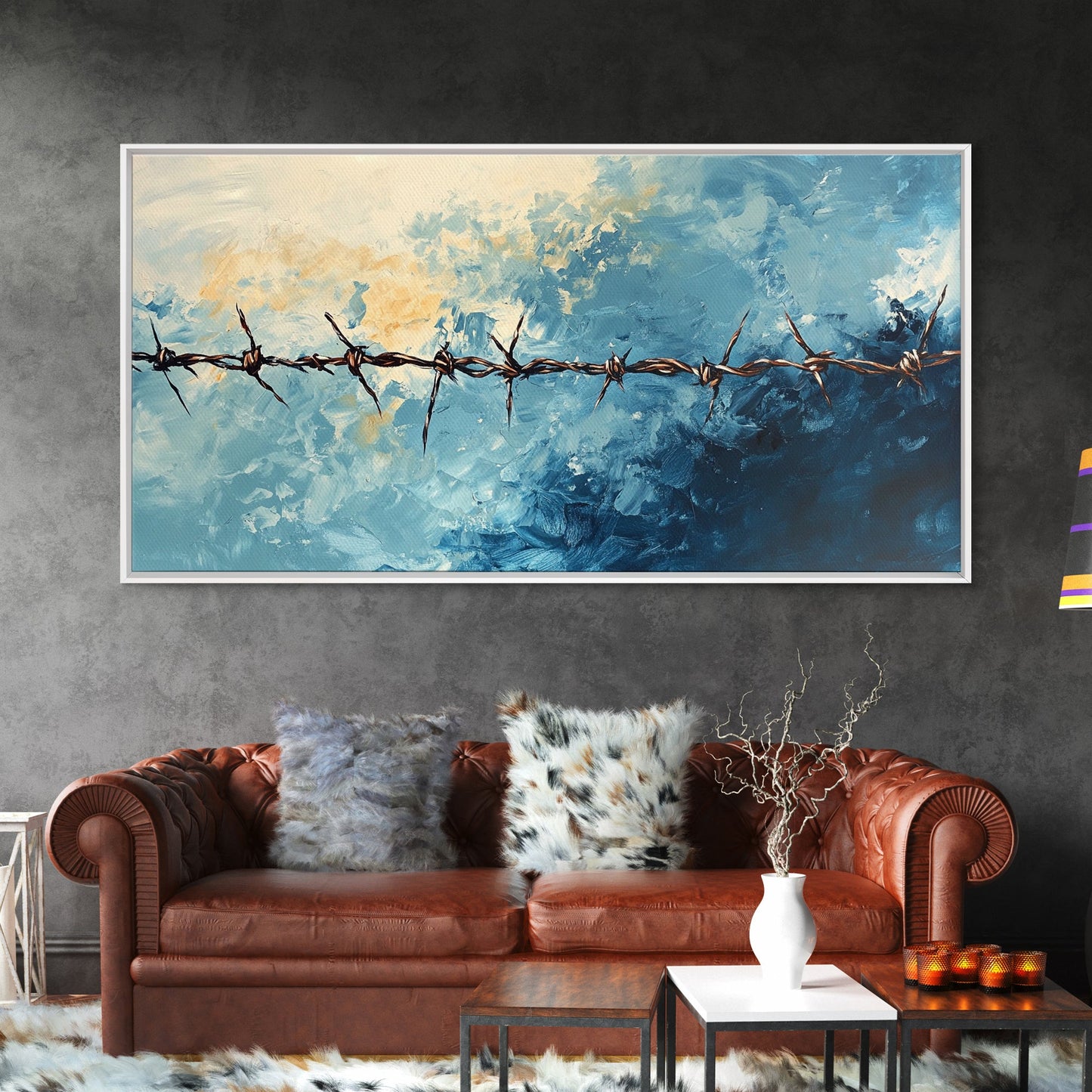 Barbed Wire, Rustic Wall Art, Southwest Art, Minimalist Art, Moody Painting, Extra Wide Art, Western Landscape Art, Framed Canvas Print