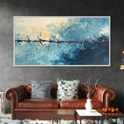 Barbed Wire, Rustic Wall Art, Southwest Art, Minimalist Art, Moody Painting, Extra Wide Art, Western Landscape Art, Framed Canvas Print