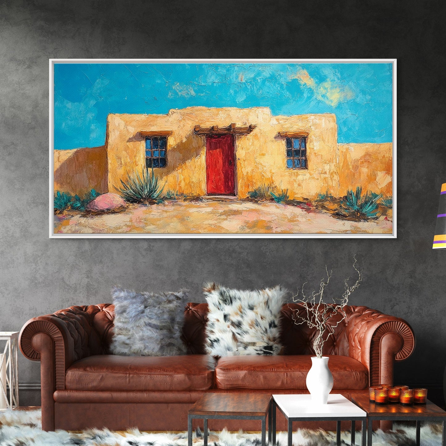 Pueblo Village, Moon Oil Painting, Southwest Wall Art, Rustic Landscape, Moody Art, Extra Wide Art, Desert Scene, Framed Canvas Print