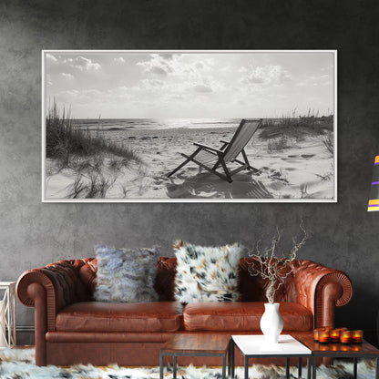 Beach Chair, Coastal Landscape Art, Minimalist Art, Wabi Sabi Art, Ocean View Print, Relaxing Decor, Framed Canvas Print, Nautical Wall Art