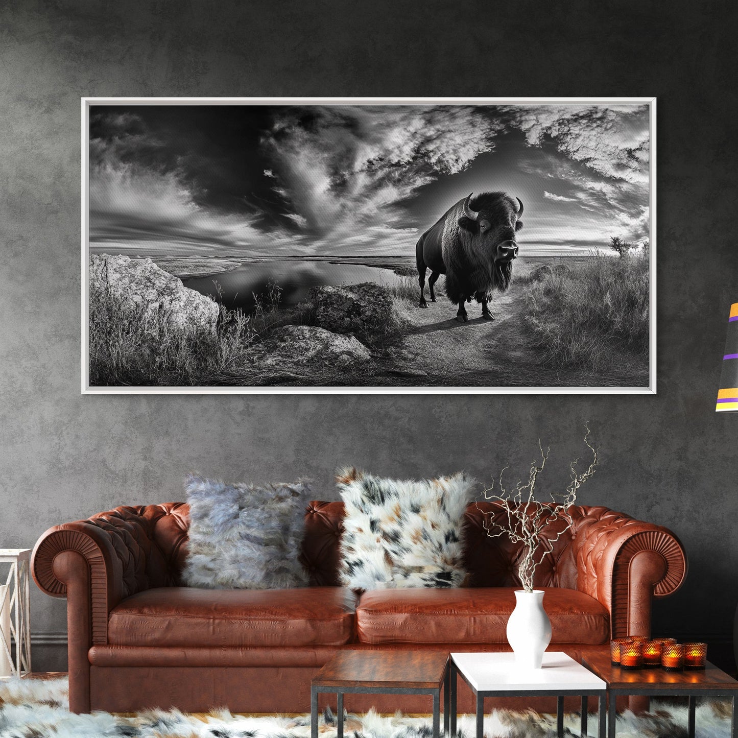 Bison Landscape, Southwest Wall Art, Rustic Wall Art, Moody Art, Panoramic Art, Extra Wide Art, Nature Wall Art, Framed Canvas Print