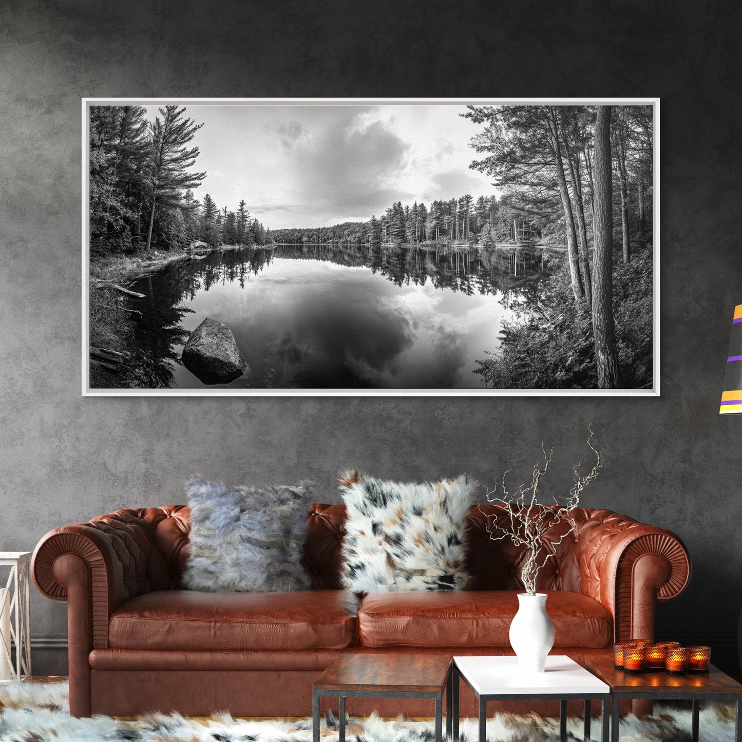 Lake reflection, pine tree art, landscape painting, wabi sabi art, rustic decor, panoramic painting, extra wide art, framed canvas print