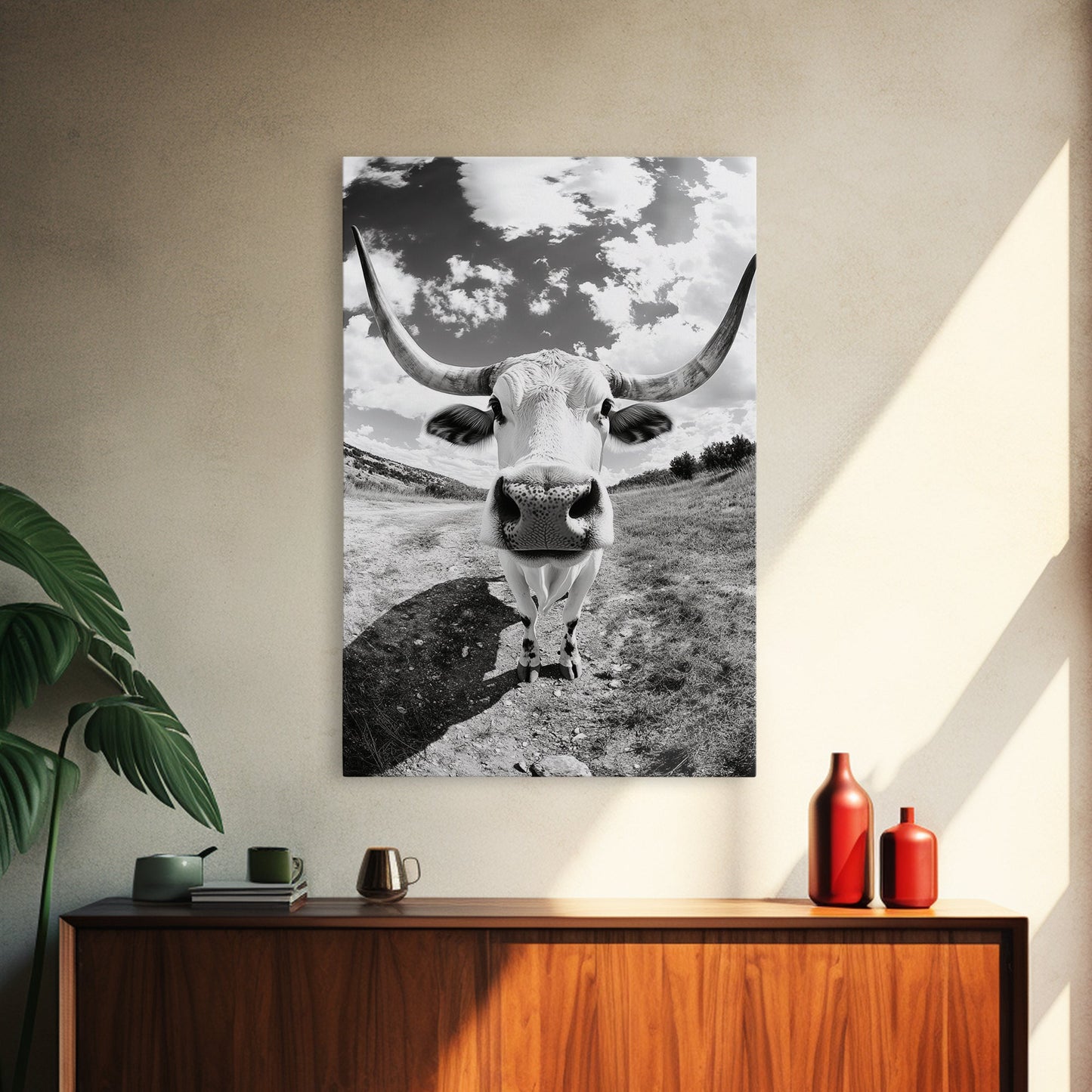 Texas Longhorn Close-up, bull and bear art, western decor, farmhouse art, rustic wall art, cowboy painting, framed canvas print