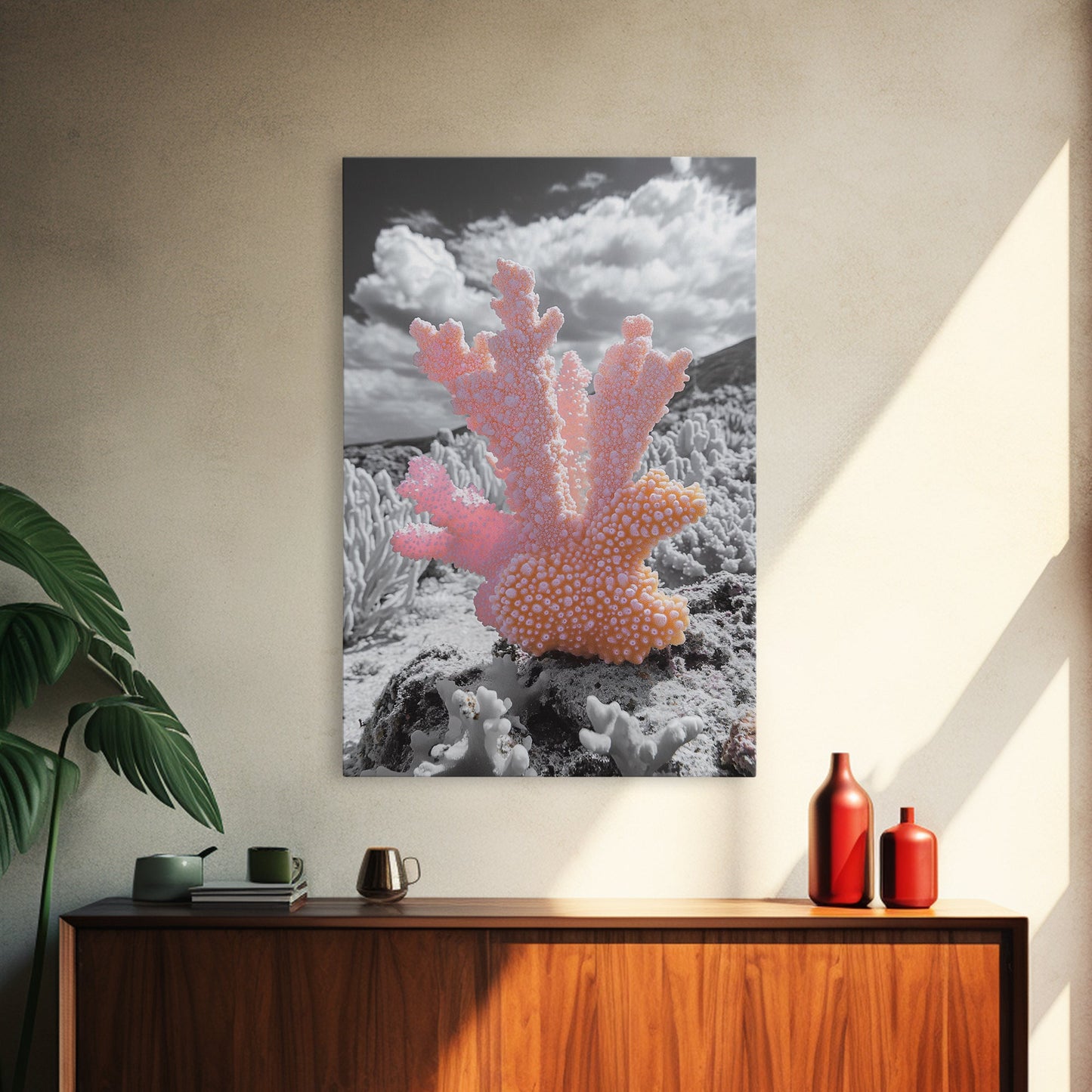 Ocean coral, coastal decor, nautical painting, framed canvas print, marine life art, whimsical ocean scene, tropical beach house wall art