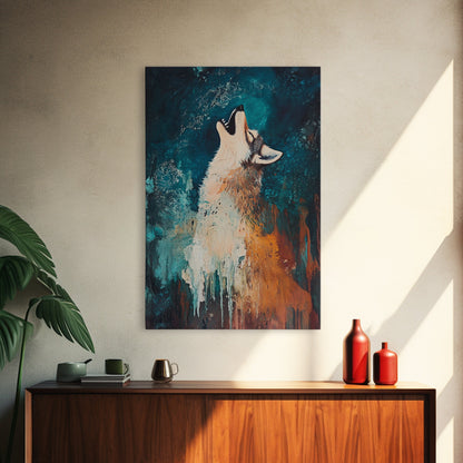 Abstract Wolf, howling at moon, moody blue tones, modern rustic art, wildlife painting, framed canvas print, dark romance painting