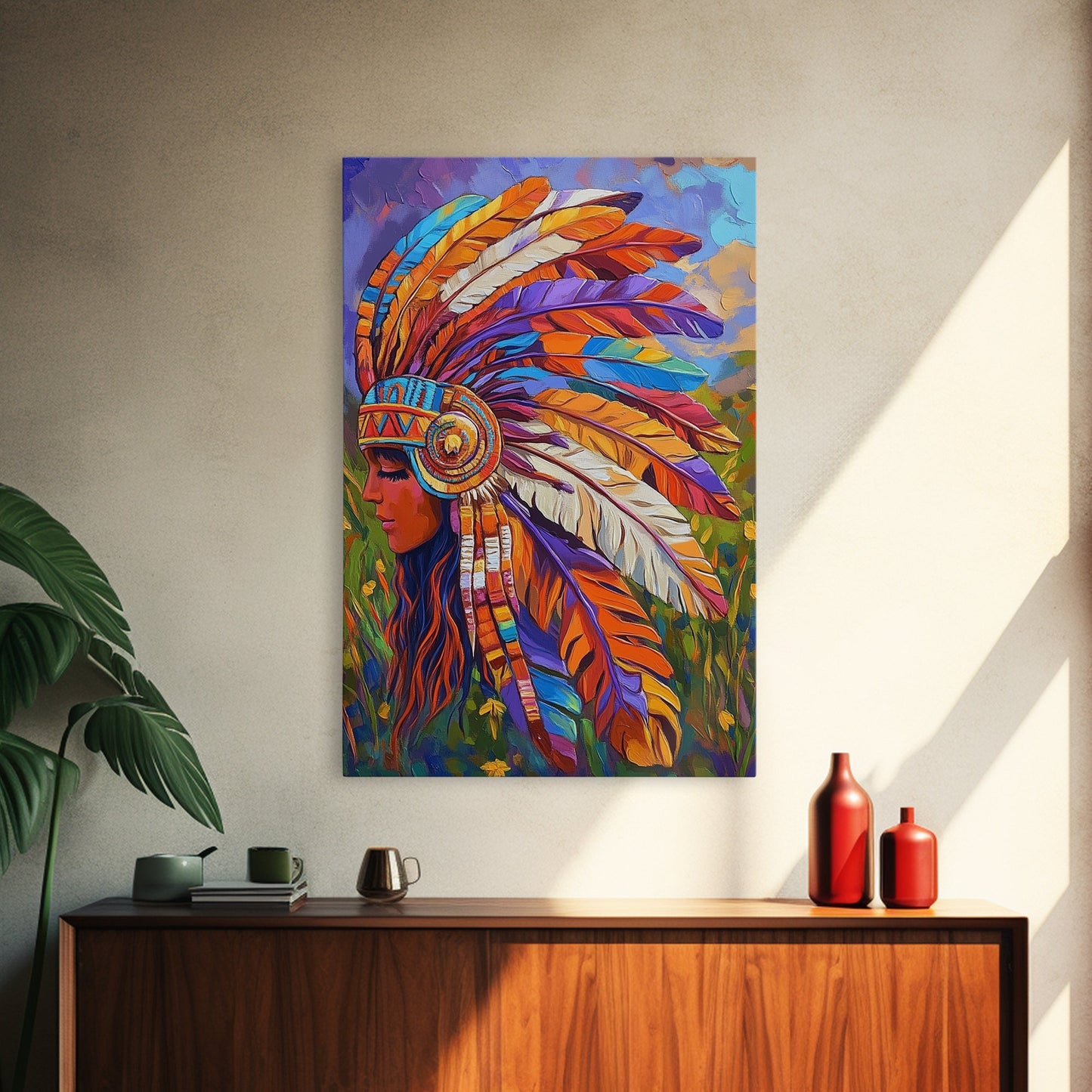 Native American Headdress, Goddess Art Print, Afrocentric Wall Art, Southwest Wall Art, Boho Art, Canvas Print, Rustic Wall Art