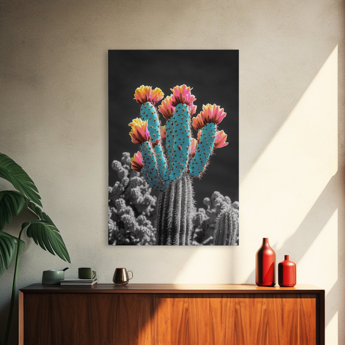 Cactus, desert flowers, vibrant nature art, framed canvas print, boho wall decor, southwest wall art, floral painting, Joshua tree art
