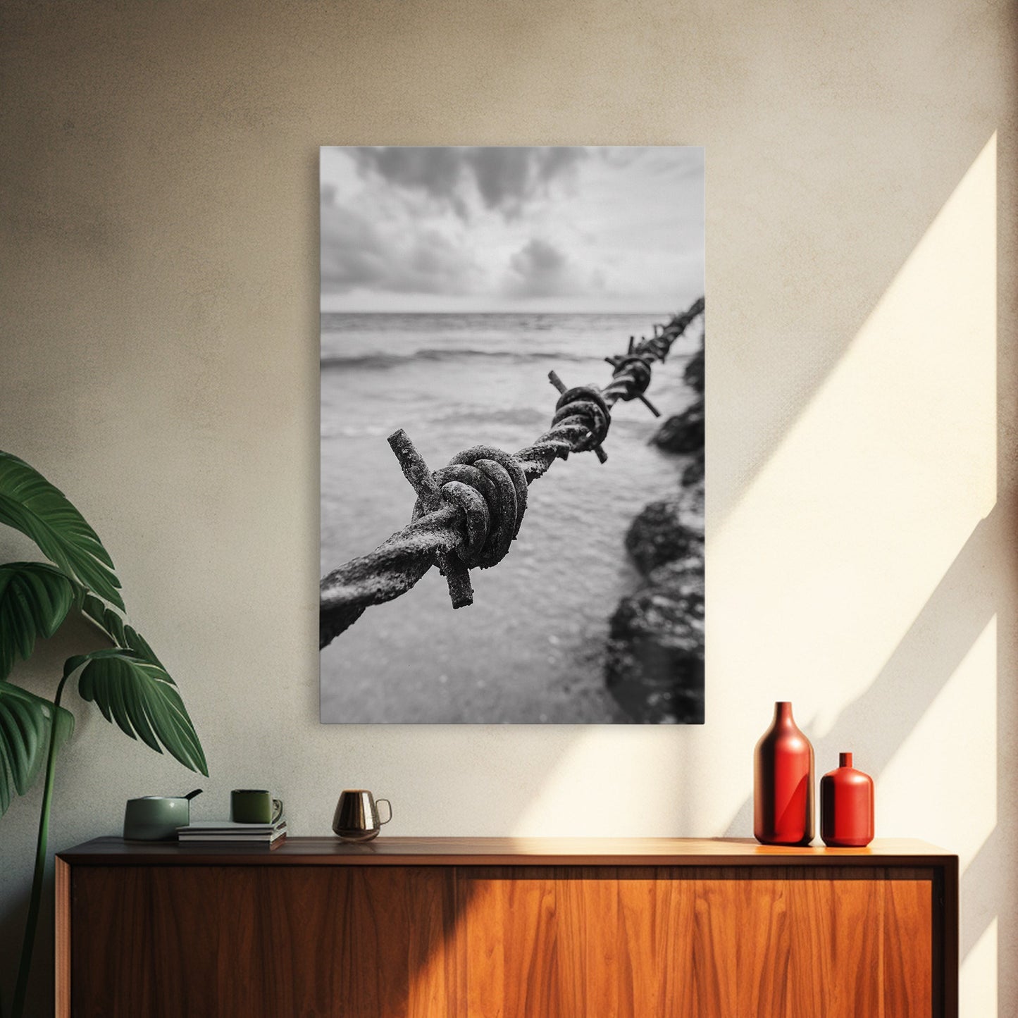 Barbed Wire, ocean view, rustic decor, coastal cowgirl wall art, wabi sabi art, moody photography, framed canvas print, minimalist art