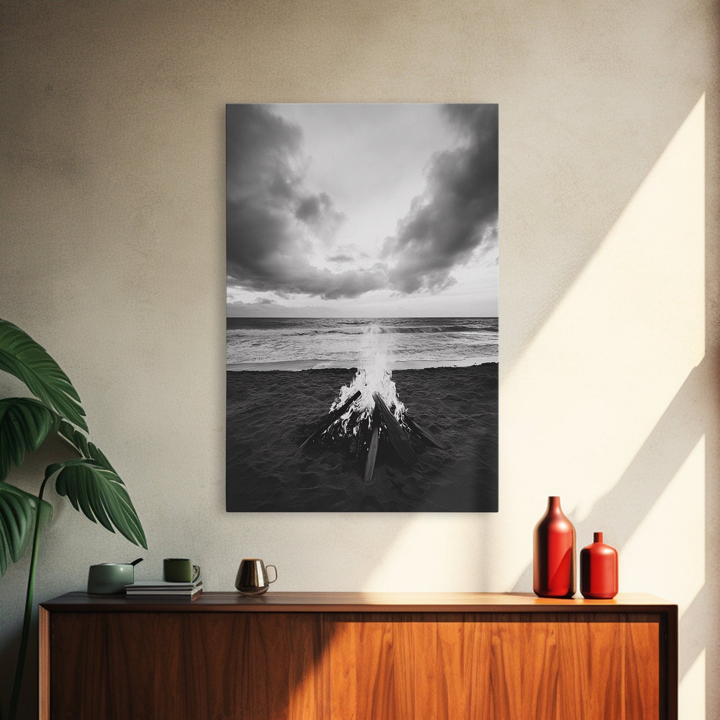 Beach Bonfire, coastal landscape art, rustic decor, moody art, dramatic seascape, black and white, framed canvas print, nautical wall art