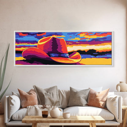 Western Sunset Art, cowboy hat painting, rustic wall art, southwest wall art, extra wide art, framed canvas print, panoramic painting