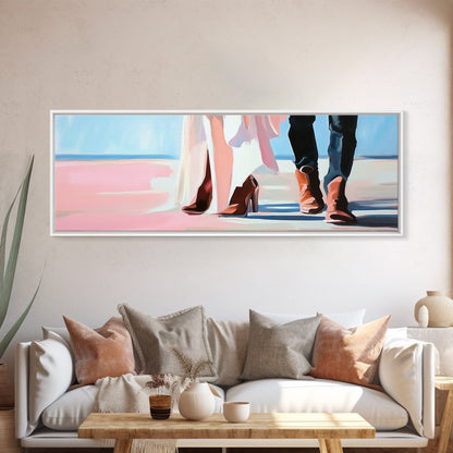 Beach Wedding Art, cowboy boots painting, coastal decor, coastal cowgirl wall art, extra wide art, framed canvas print, horizontal wall art