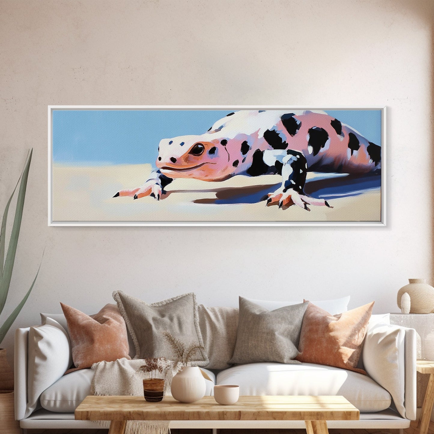 Eidechsenmotiv, gerahmter Leinwanddruck, verspielte Kunst, stimmungsvolle Kunst, extra breites Bild, Südwest-Dekor, rustikale Wandkunst, Bild für über dem Sofa, Geschenkidee