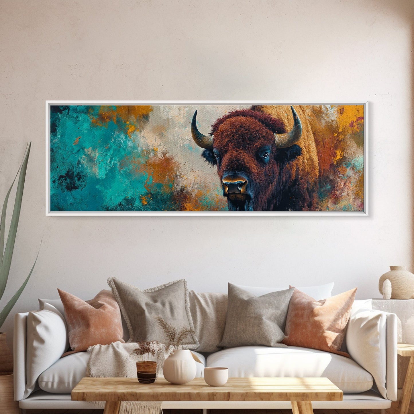 Bold bison painting, teal and orange art, rustic wall art, farmhouse decor, boho art, extra wide western painting, canvas print