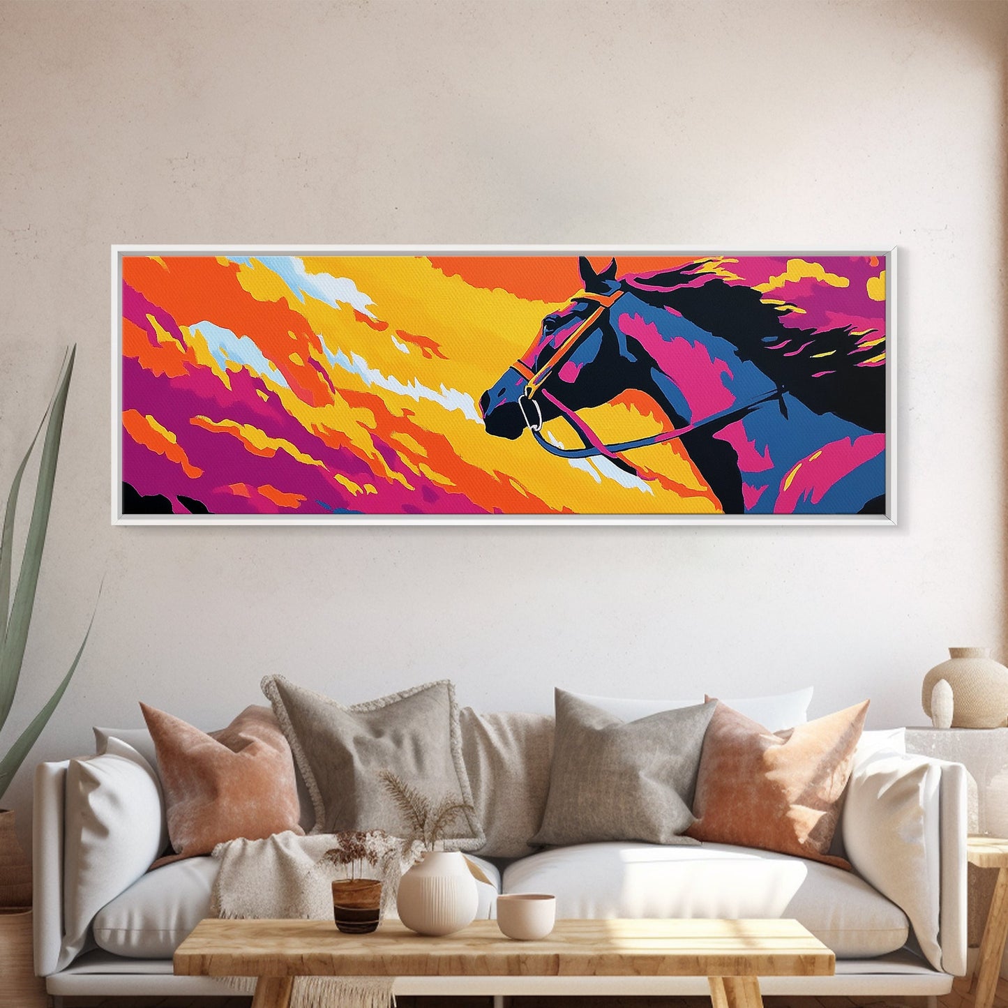 Horse silhouette, sunset, pink orange wall art, colorful equestrian, western art, extra wide art, framed canvas print, panoramic painting