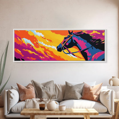Horse silhouette, sunset, pink orange wall art, colorful equestrian, western art, extra wide art, framed canvas print, panoramic painting