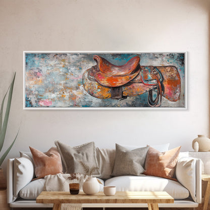 Abstract Saddle, horse wall art, abstract art, rustic decor, extra wide art, framed canvas print, above sofa art, living room decor