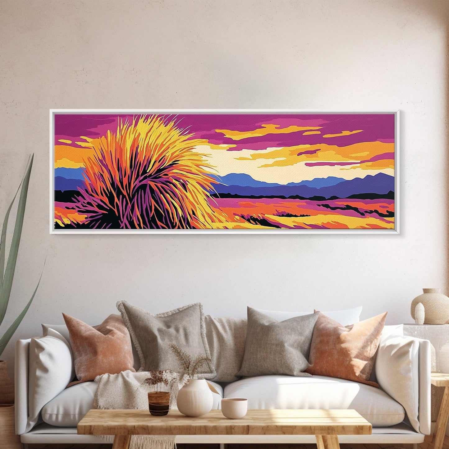 Kunst aus der Südwest-Wüste, Joshua-Tree-Kunst, Wandkunst in Pink und Orange, Sonnenuntergangsgemälde, abstrakte Kunst, gerahmter Leinwanddruck, extra breite Kunst