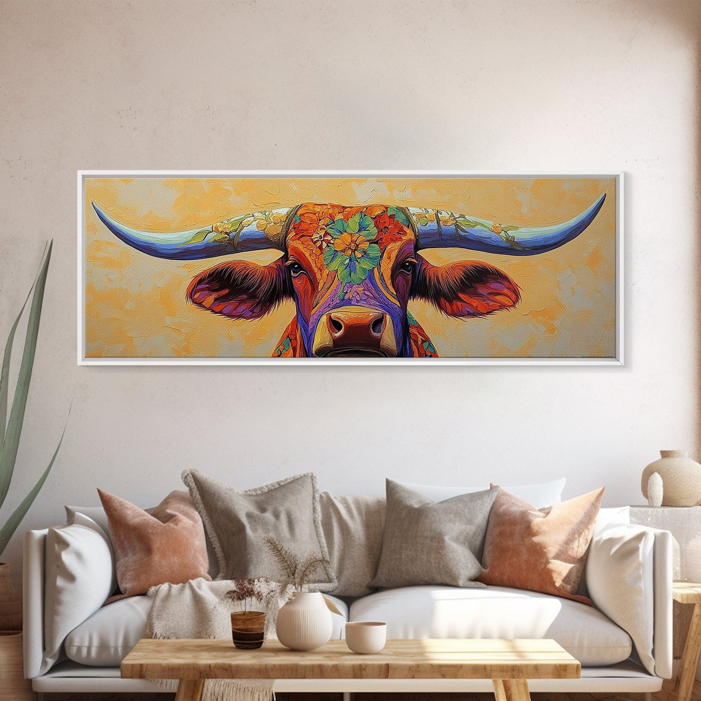 Floral Longhorn Art, Southwestern Wall Art, Texas Cow Art, Rustic Farmhouse Decor, Boho Art, Framed Canvas Print, Moody Art