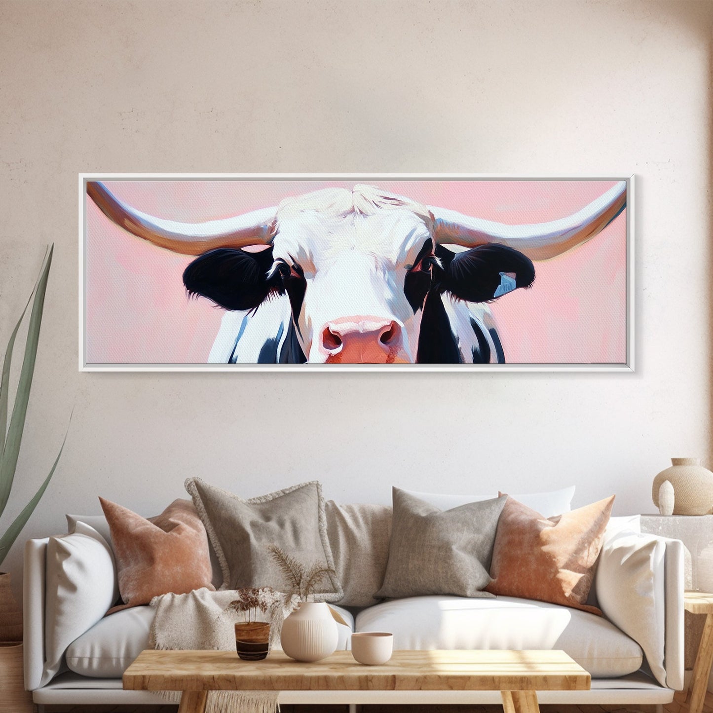 Black and White Cow Art, Light Pink Wall Art, Southwest Wall Art, Coastal Cowgirl Wall Art, Framed Canvas Print, Rustic Decor