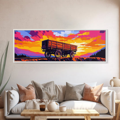 Sunset wagon, pink orange wall art, southwest wall art, geometric wall art, boho art, panoramic painting, framed canvas print, rustic decor