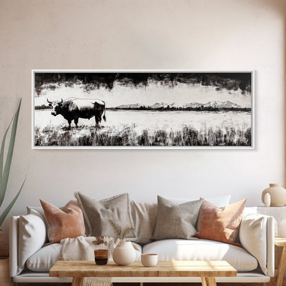Bull and bear art, black and white painting, rustic wall art, farmhouse decor, extra wide art, framed canvas print, moody art, landscape painting