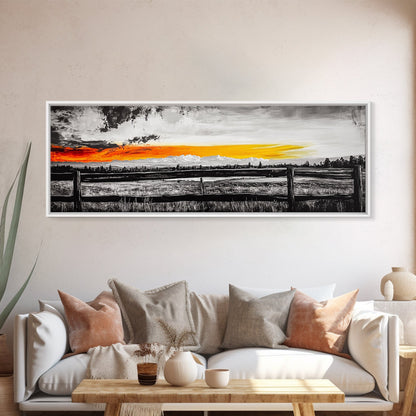 Fence at Sunset, moody landscape art, Joshua tree art, smoky mountain painting, dark romance art, extra wide art, framed canvas print