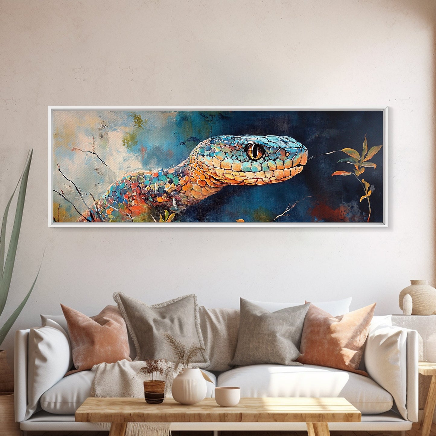 Vibrant Snake Painting, reptile wall art, wildlife decor, moody art, sacred geometry wall art, framed canvas print, extra wide art