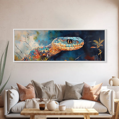 Vibrant Snake Painting, reptile wall art, wildlife decor, moody art, sacred geometry wall art, framed canvas print, extra wide art