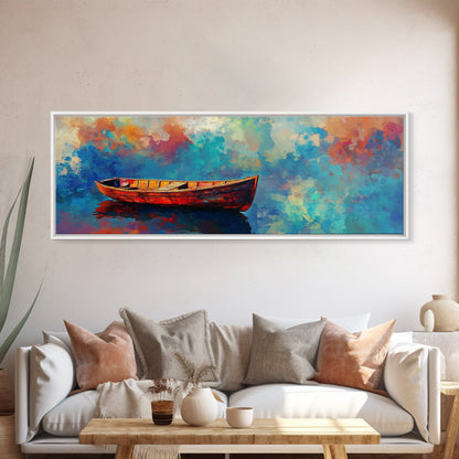 Colorful Boat Painting, coastal landscape art, nautical decor, seascape painting, vibrant wall art, framed canvas print, extra wide art