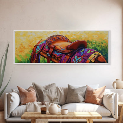 Colorful Saddle Painting, cowboy decor, vibrant rustic wall art, western style art, boho art, southwestern wall art, framed canvas print