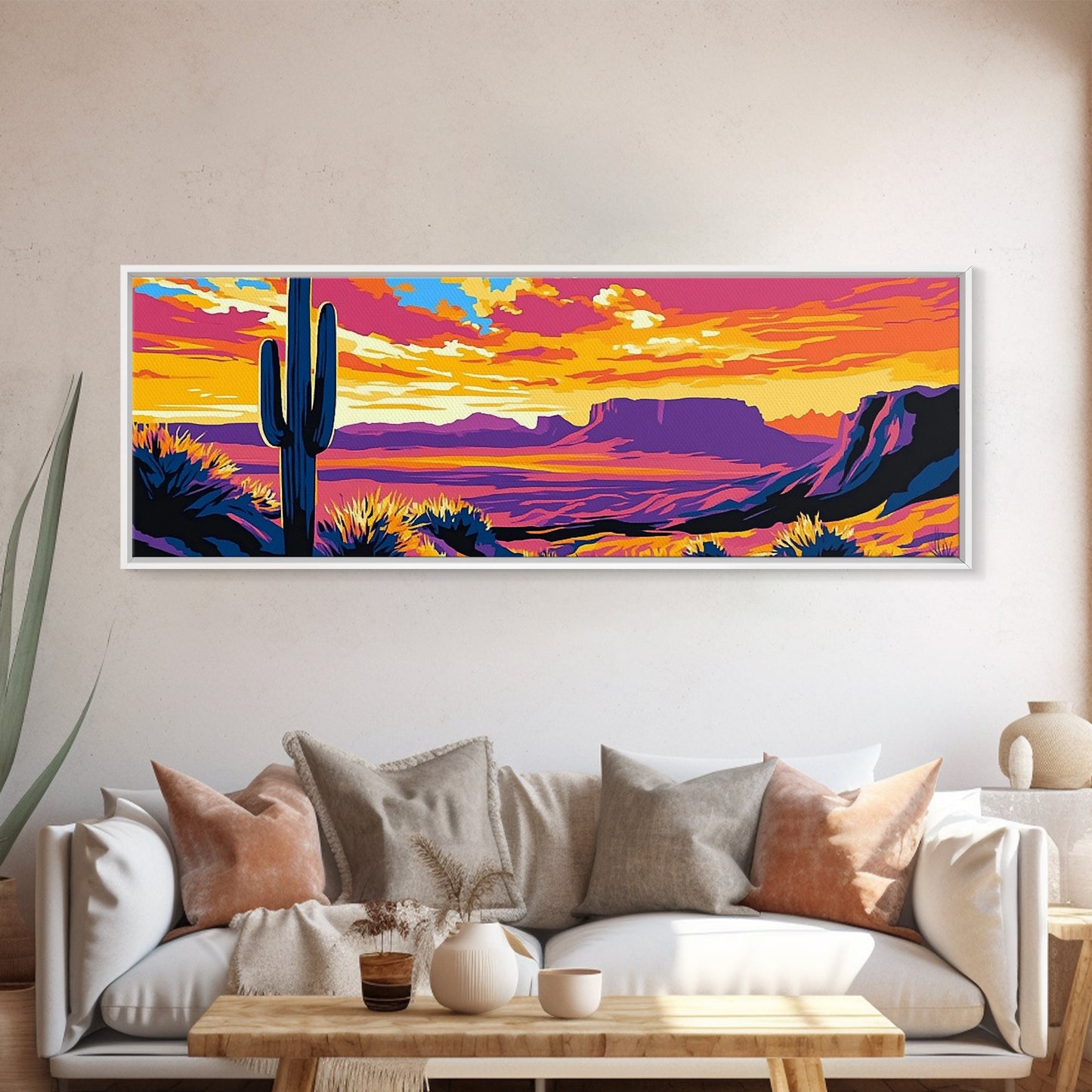 Southwest Sunset, Joshua tree art, desert landscape, southwest wall art, pink orange wall art, bold colors, framed canvas print
