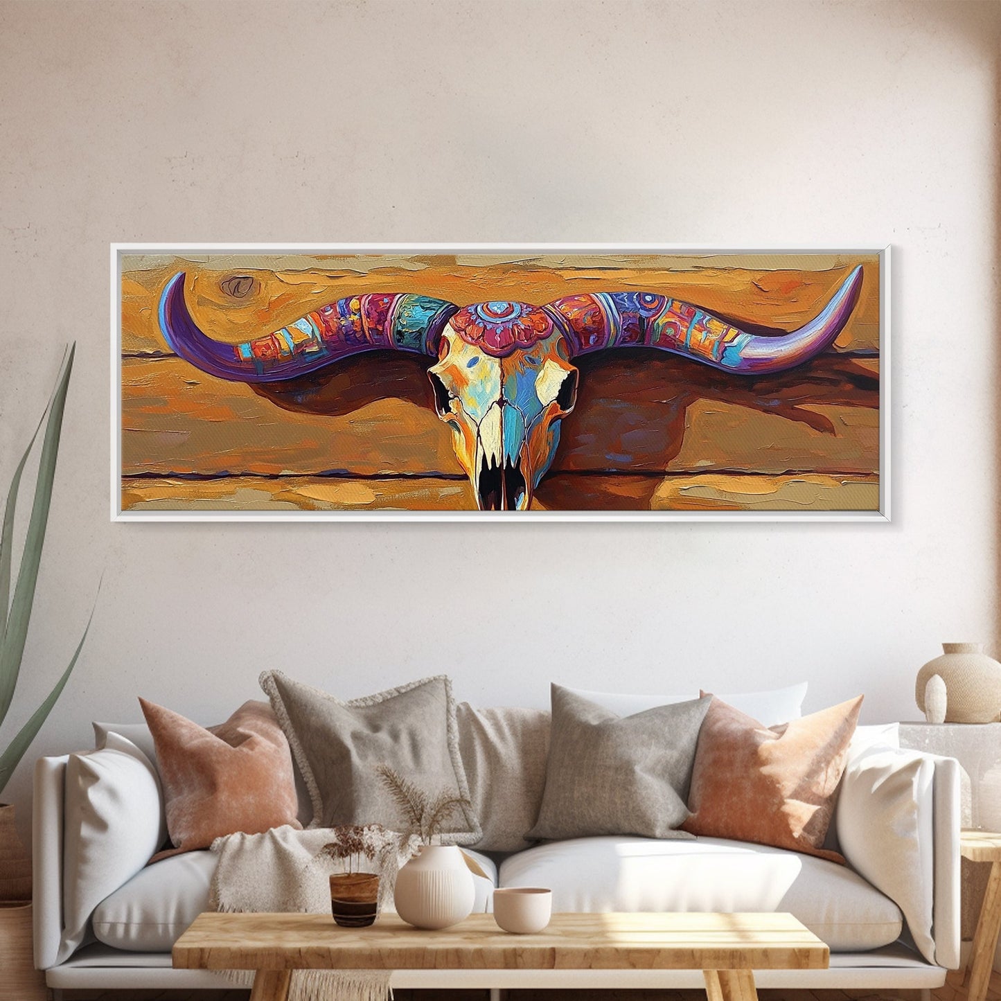 Bemalter Totenkopf, Stier- und Bärenmotiv, rustikale Dekoration, extra breites Kunstwerk, Wandkunst im Südwest-Stil, rosa-orangefarbene Wandkunst, gerahmter Leinwanddruck